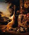 Gibier mort, singe et fruits devant un paysage